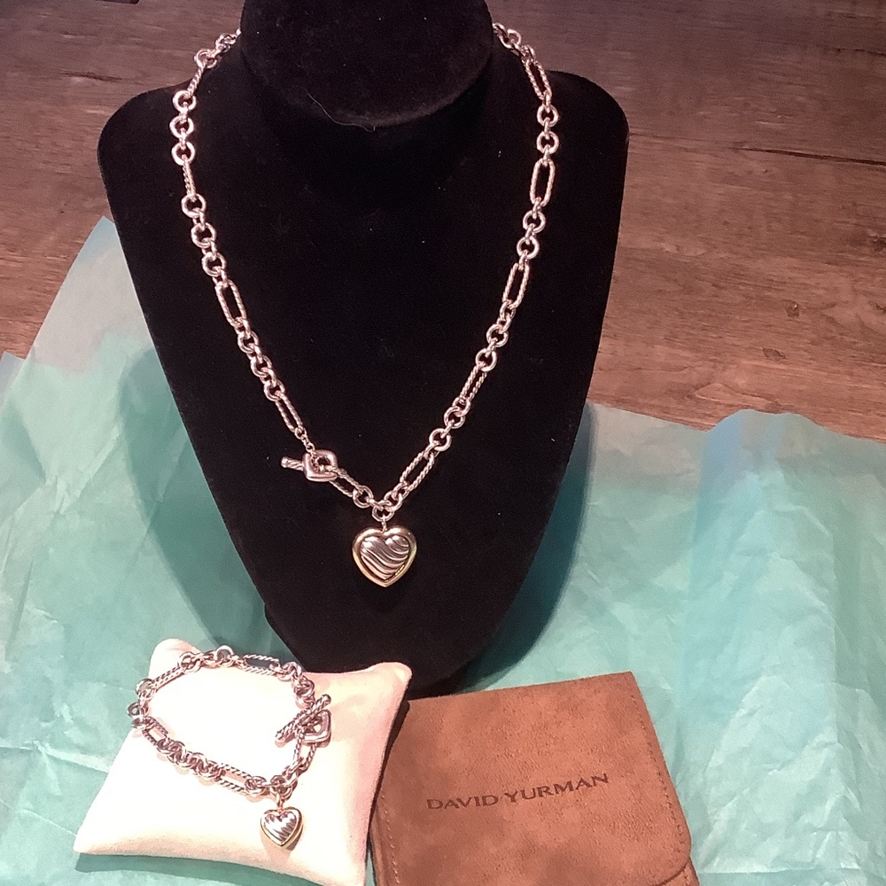 💖 David Yurman - Heart Charm Figaro Chain Toggle Necklace and Bracelet Set